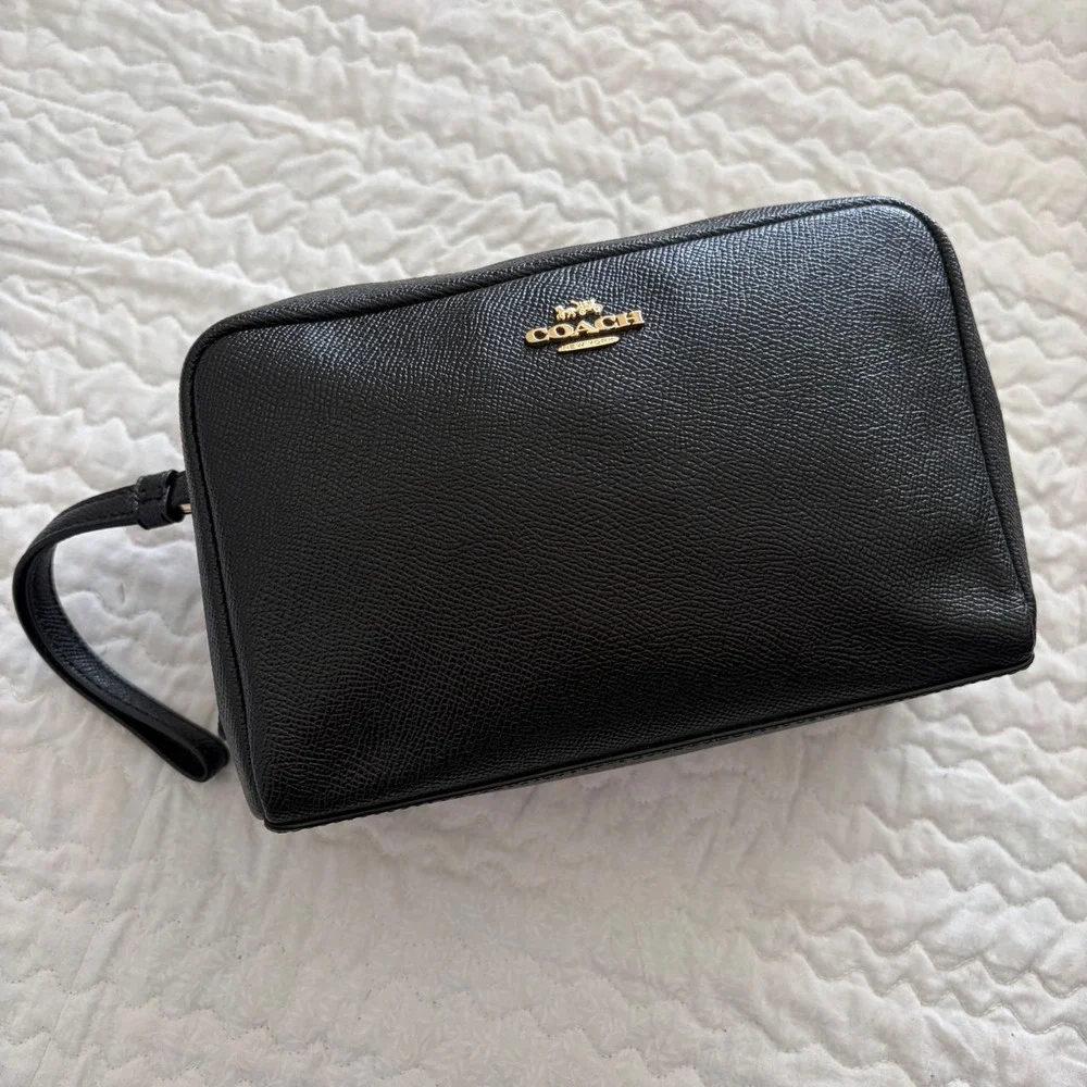 Coach Large Cosmetic Case 20 Black Crossgrain Leather Makeup Bag F24797 NEW